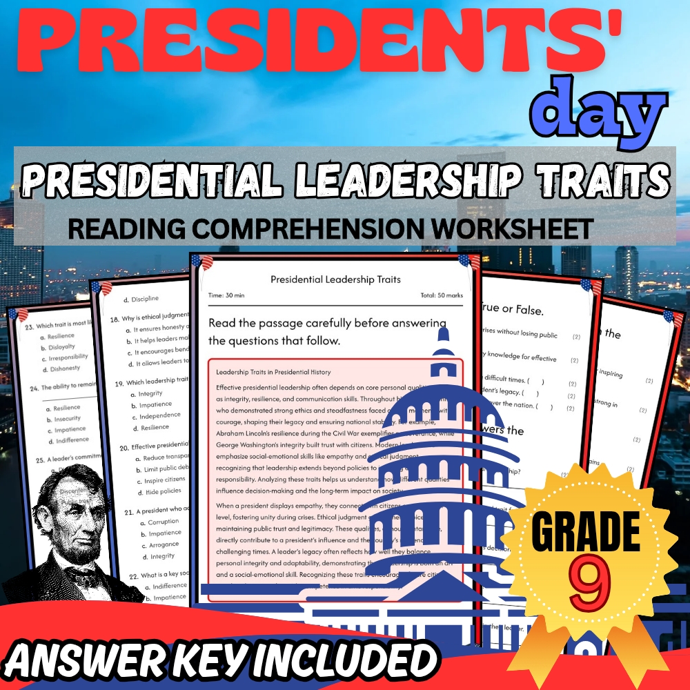 Grade 9 Presidents' Day Unit Worksheet Bundle | Leadership & Roles Focus — included worksheet 3
