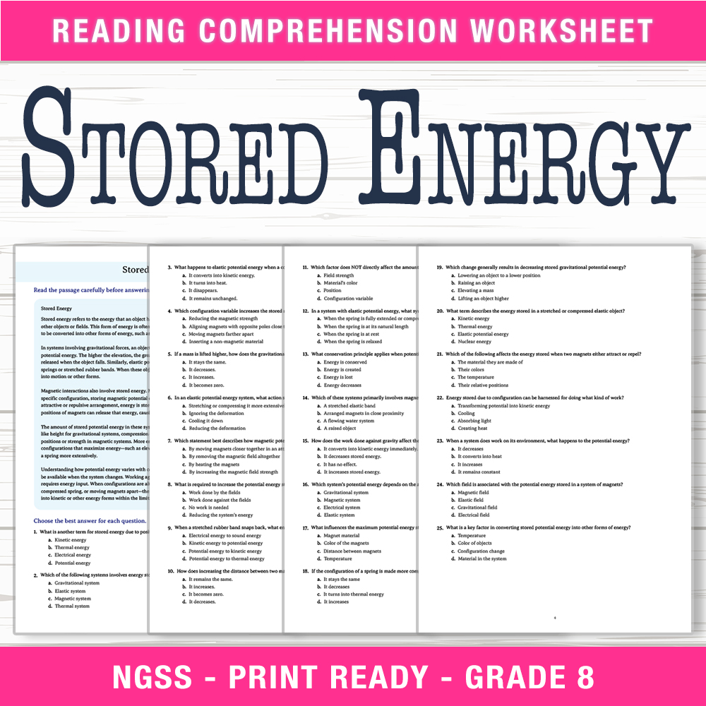 Grade 8 Science worksheet worksheet — Grade 8 Science | Stored Energy Worksheet (PDF + Answer Key) — page 1