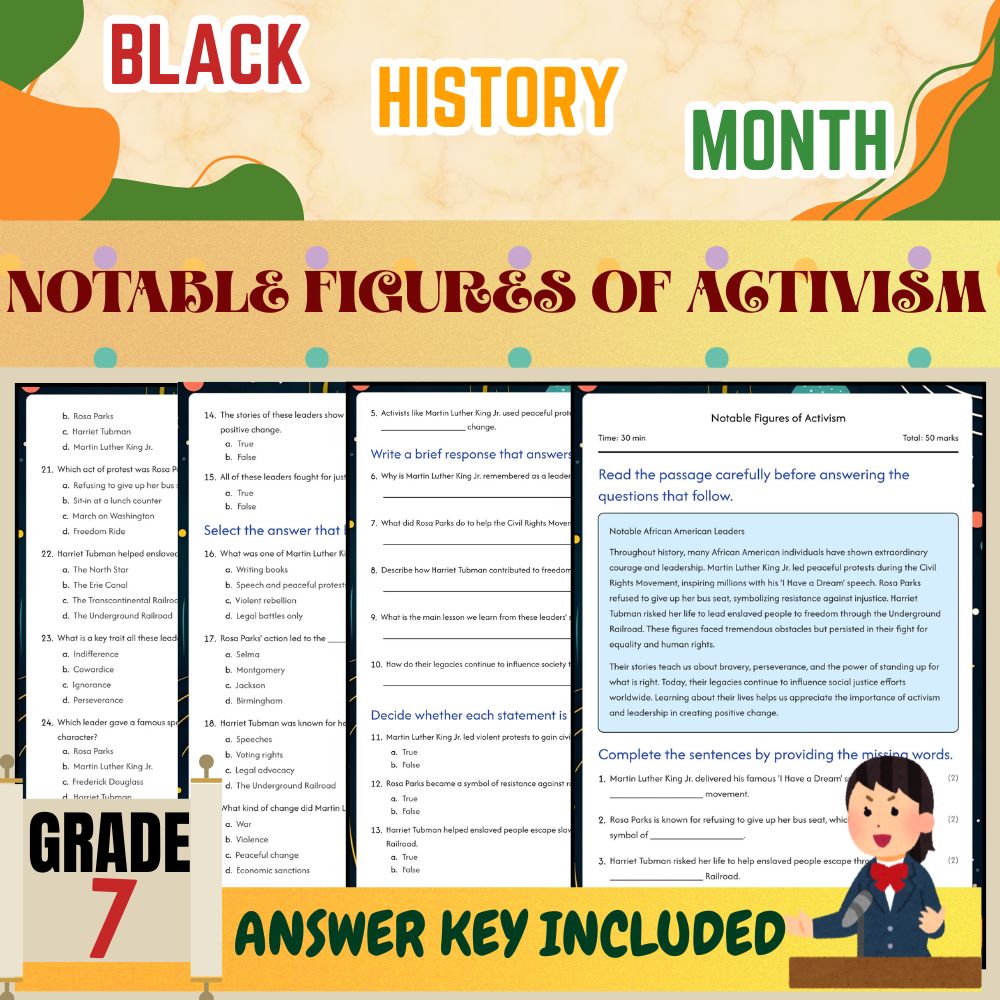 Grade 7 Seasonal Black Friday | Notable Figures of Activism Worksheet PDF