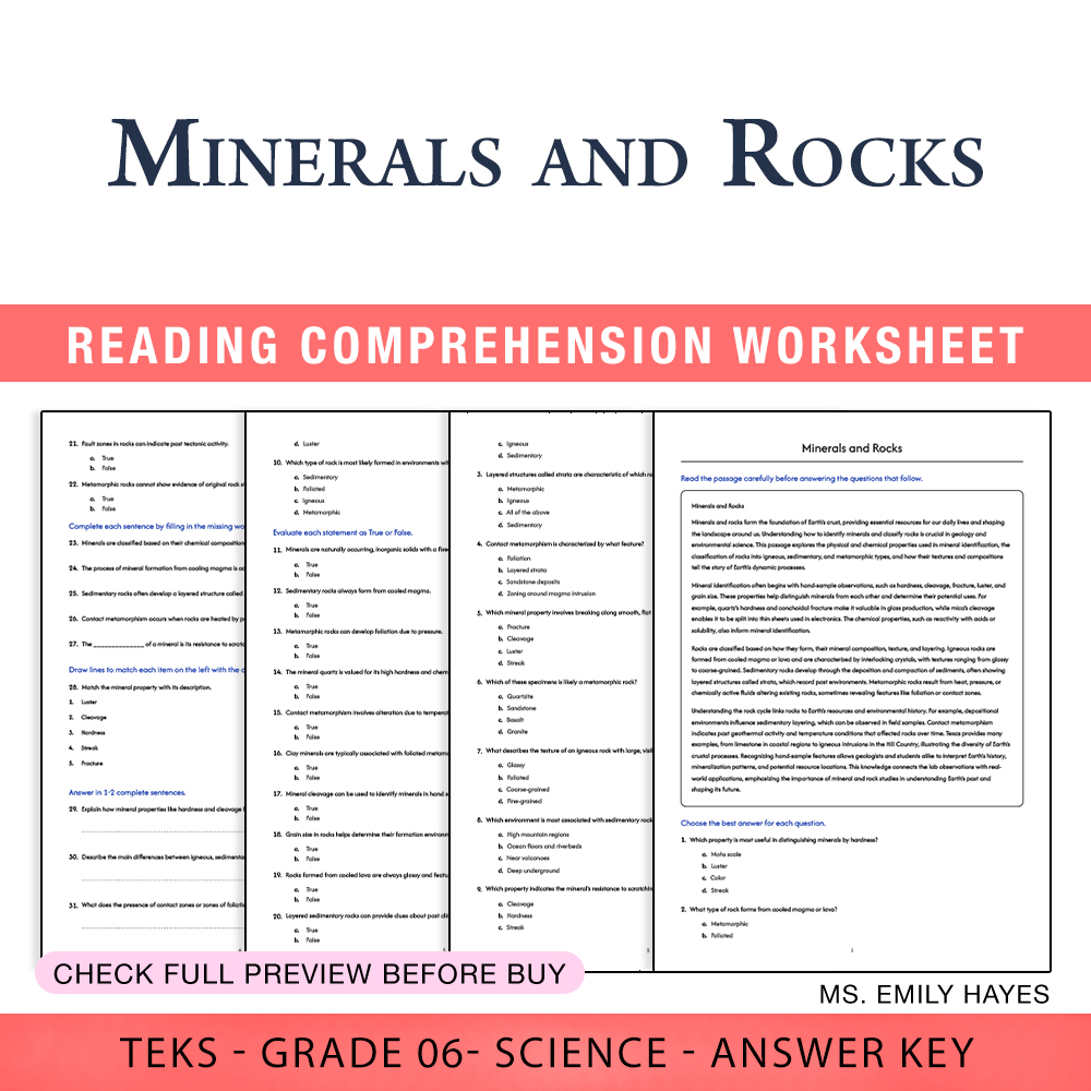 Grade 6 Science worksheet worksheet — 6th Grade Science | Minerals and Rocks Worksheet (PDF+ Answer Key) — page 1