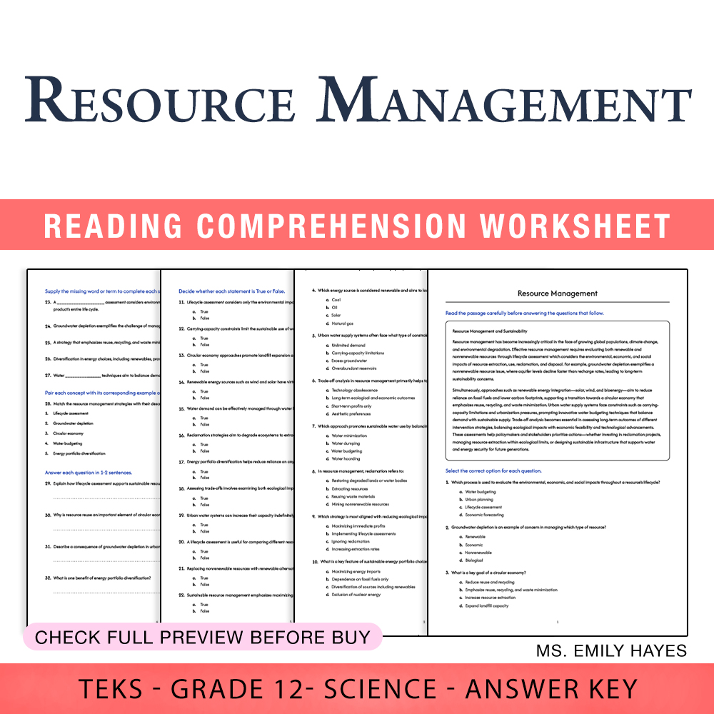 Grade 12 Science worksheet worksheet — Grade 12 Science | Resource Management Worksheet (PDF+ Answer Key) — page 1