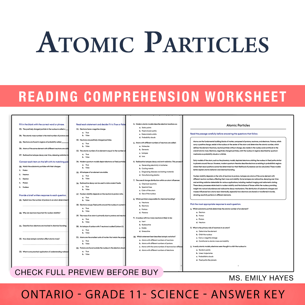Grade 11 Science worksheet worksheet — 11th Grade Science | Atomic Particles Worksheet (PDF + Answer Key) — page 1