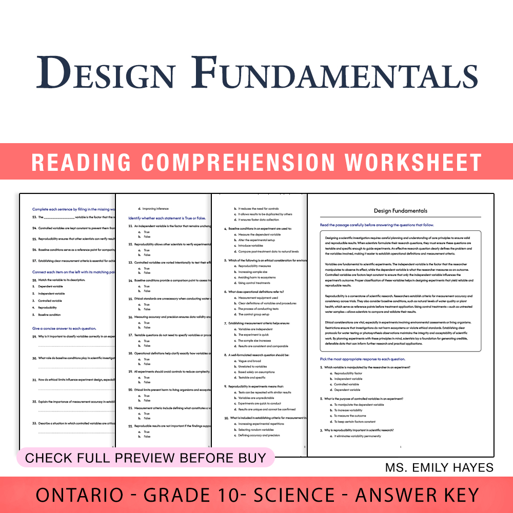 Grade 10 Science worksheet worksheet — Grade 10 Science | Design Fundamentals Worksheet (PDF + Answer Key) — page 1