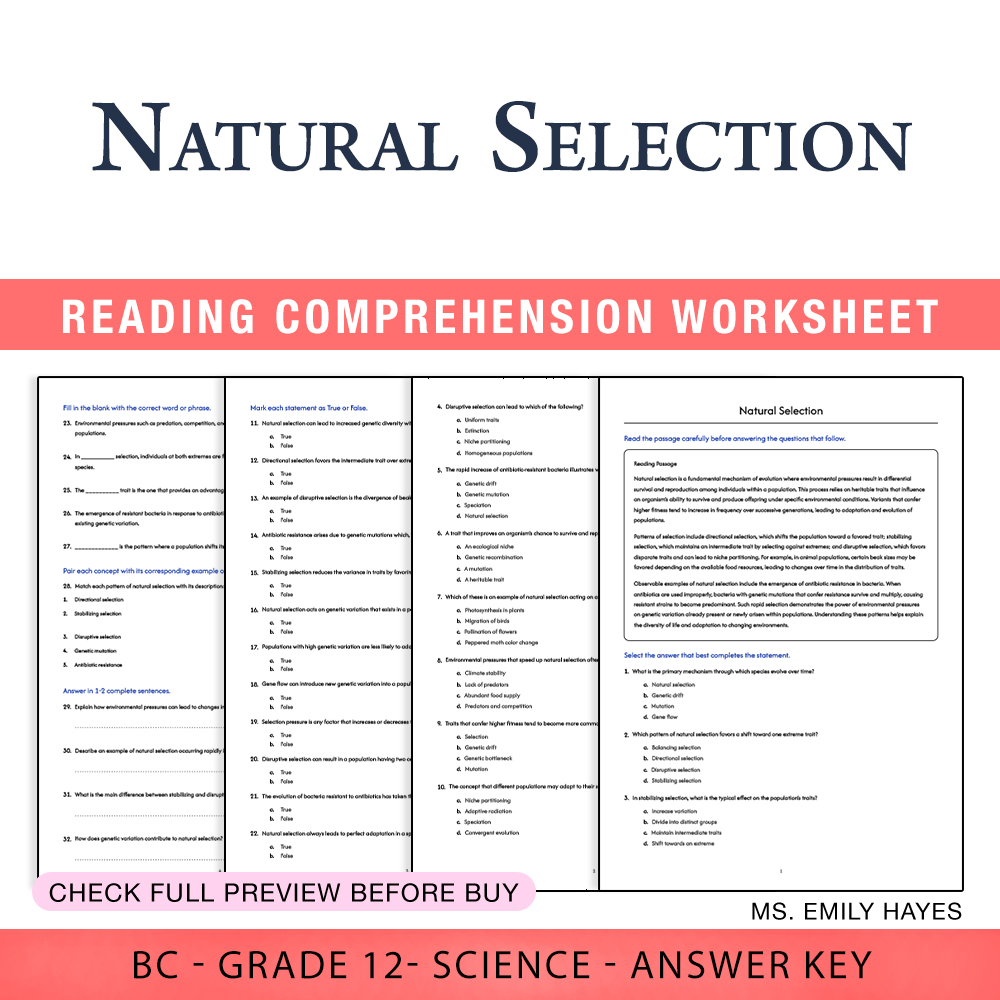 Grade 12 Science worksheet worksheet — Grade 12 Science | Natural Selection Worksheet (PDF + Answer Key) — page 1