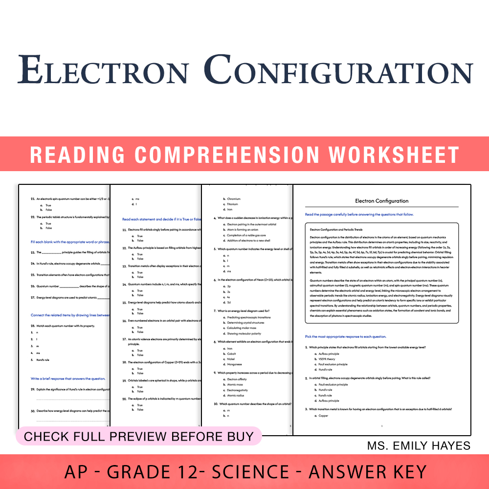 Grade 12 Science worksheet assessment worksheet — 12th Grade Science | Electron Configuration Assessment Worksheet (PDF+ A…