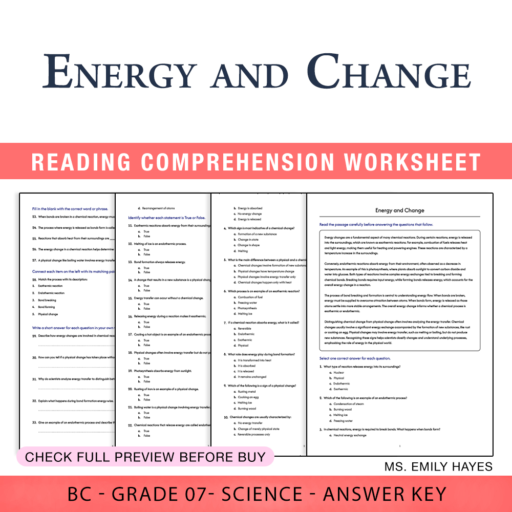Grade 7 Science worksheet worksheet — Grade 7 Science | Energy and Change Worksheet (PDF+ Answer Key) — page 1