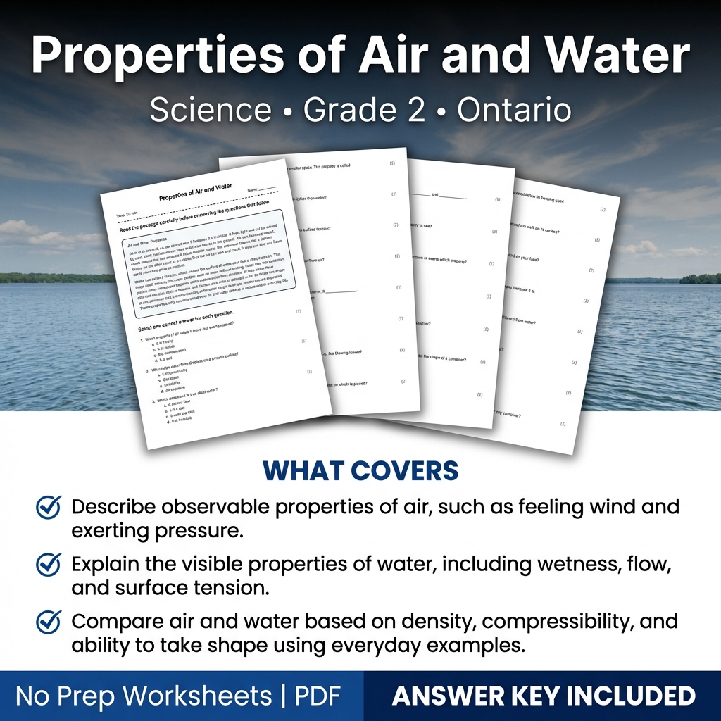 Grade 2 Science Worksheet Properties of Air and Water | Ontario Standards