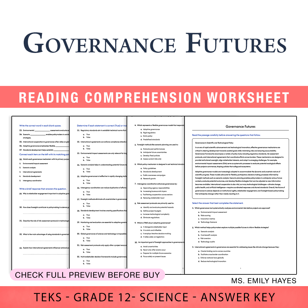 Grade 12 Science worksheet worksheet — Grade 12 Science | Governance Futures Worksheet (PDF+ Answer Key) — page 1