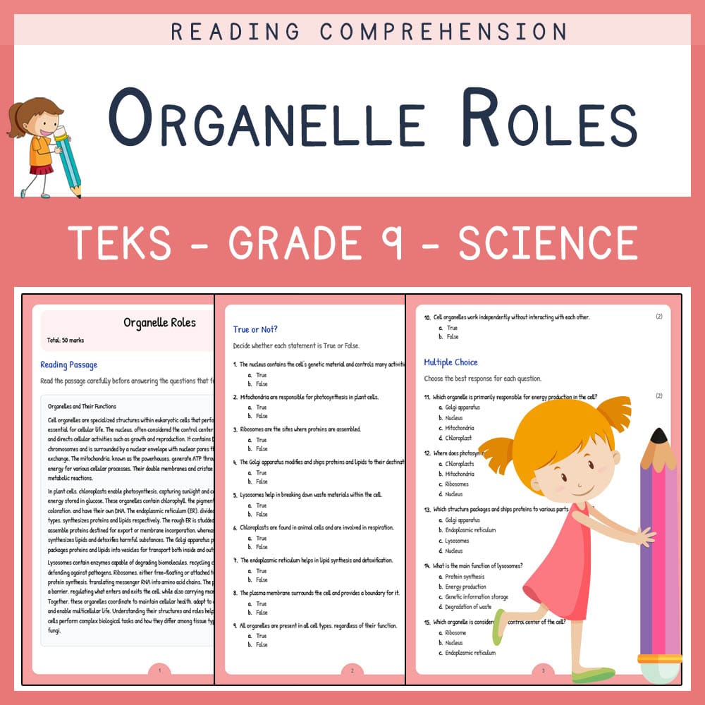 Grade 9 Science worksheet elena worksheet — Grade 9 Science | Organelle Roles Worksheet | TEKS-Aligned — page 1