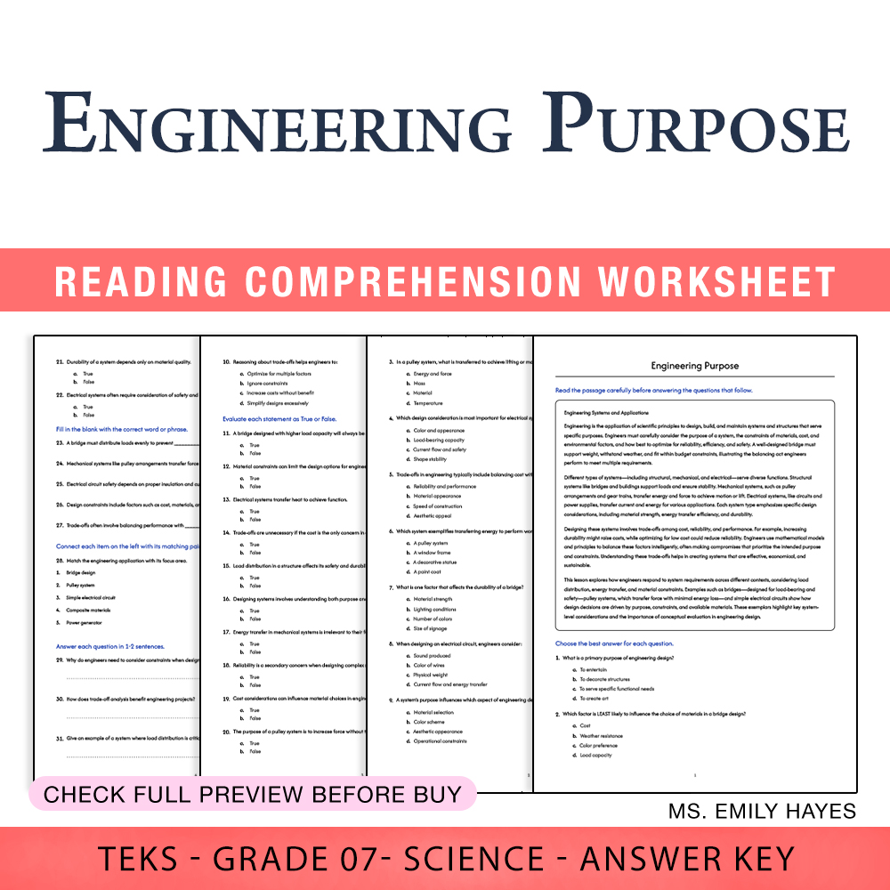 Grade 7 Science worksheet worksheet — 7th Grade Science | Engineering Purpose Worksheet (PDF+ Answer Key) — page 1