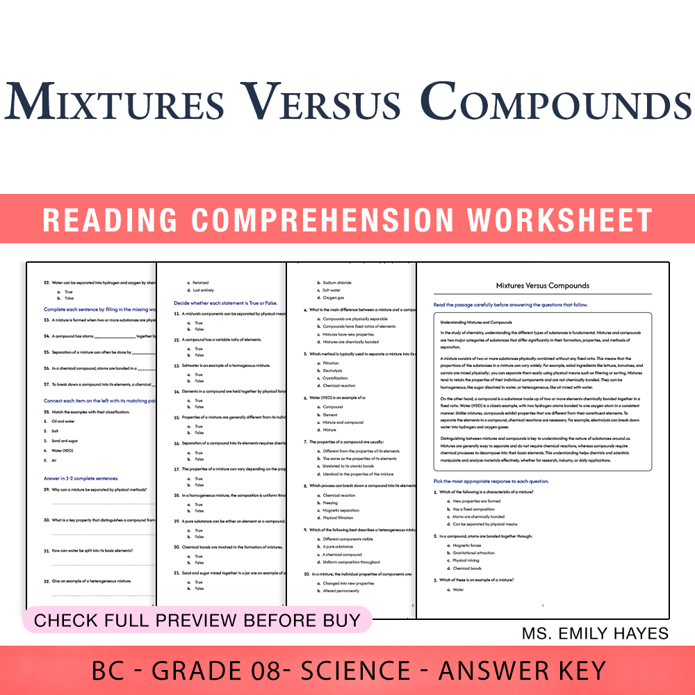 Grade 8 Science worksheet worksheet — 8th Grade Science | Mixtures Versus Compounds Worksheet (PDF + Answer Key) — page 1