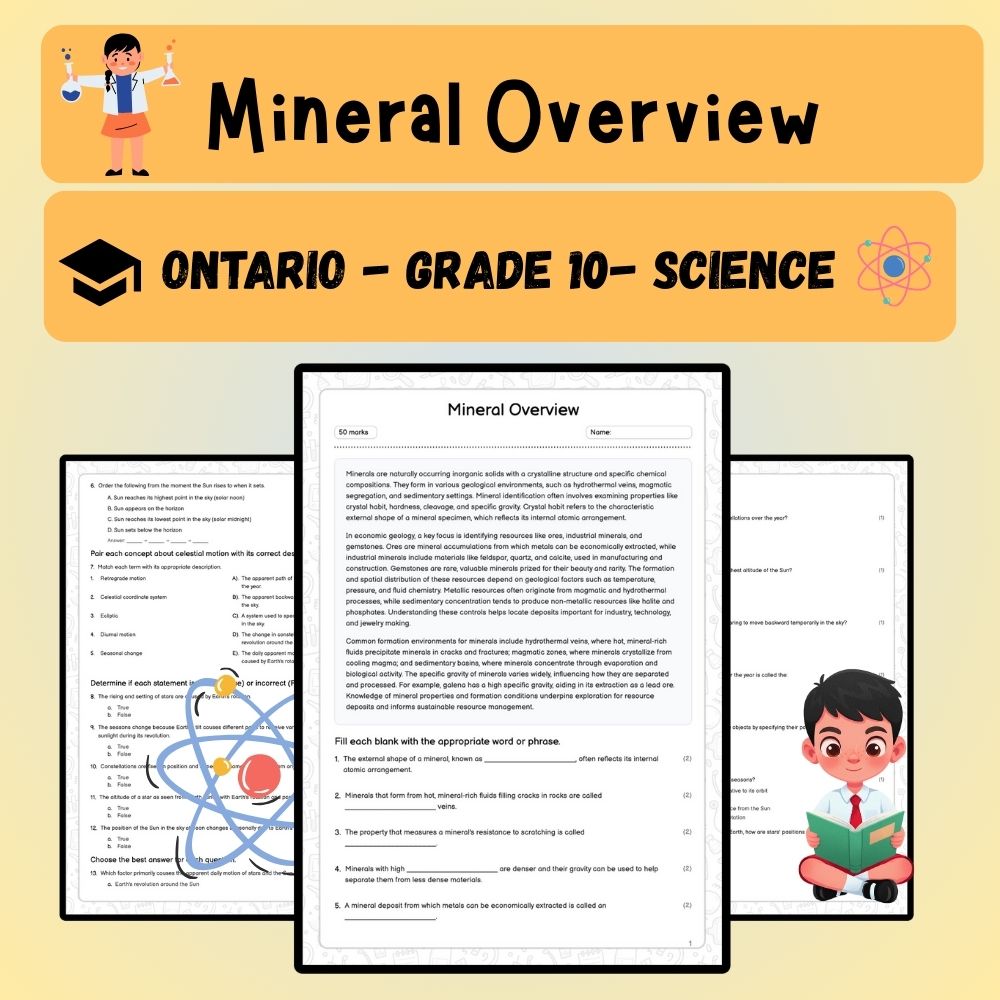 Grade 10 Science worksheet worksheet — Grade 10 Science | Mineral Overview Worksheet (PDF) – Ontario Standards — page 1