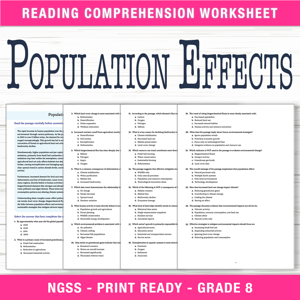 Grade 8 Science worksheet worksheet — Grade 8 Science | Population Effects Worksheet (PDF + Answer Key) — page 1