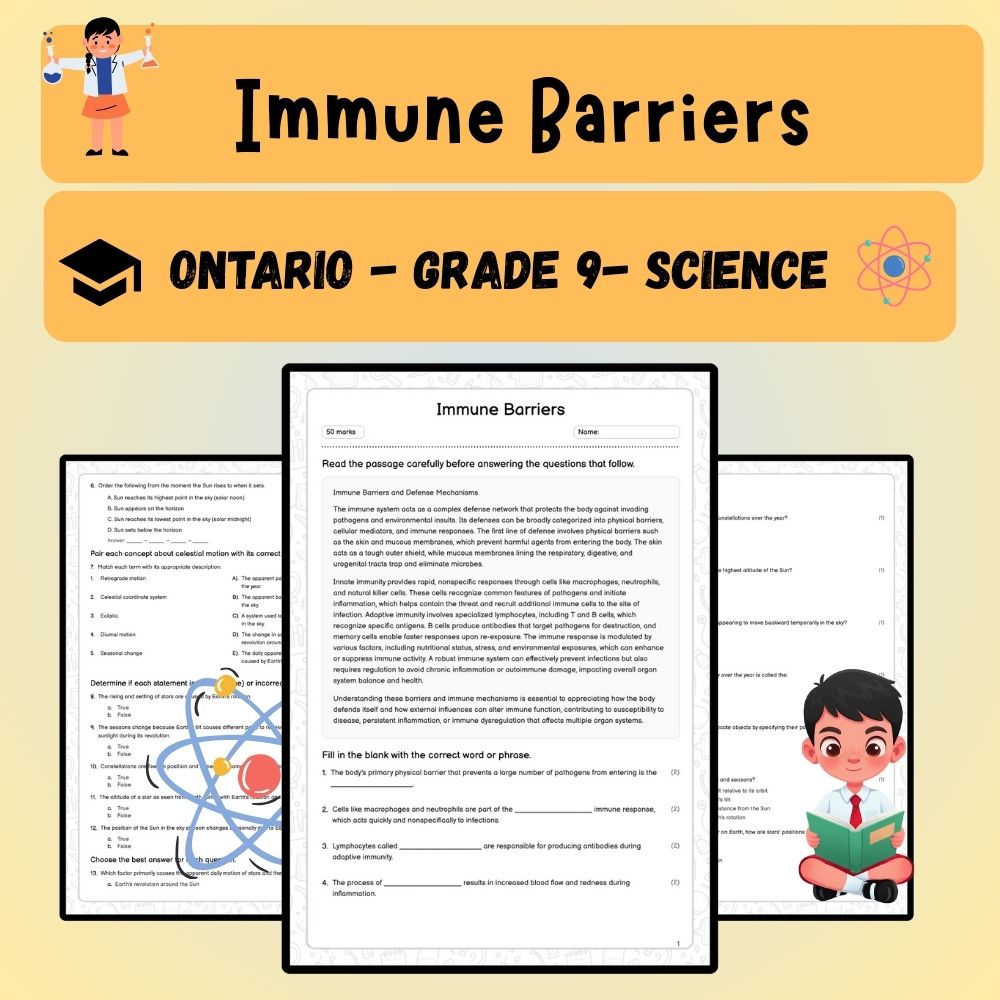 Grade 9 Science worksheet worksheet — Grade 9 Science | Immune Barriers Worksheet (Answer Key) – Ontario Standards — page 1
