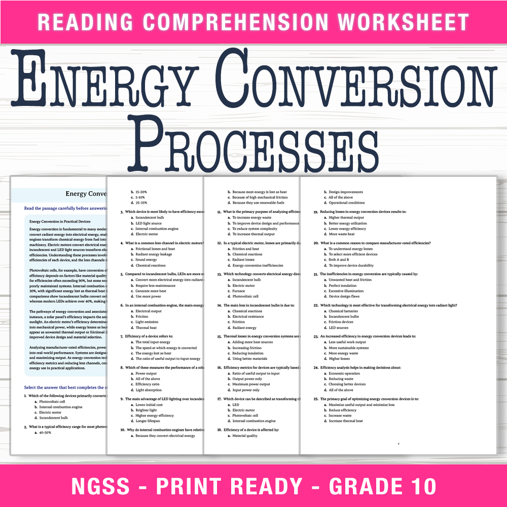 Grade 10 Science worksheet worksheet — Grade 10 Science | Energy Conversion Processes Worksheet (PDF + Answer Key) — page 1