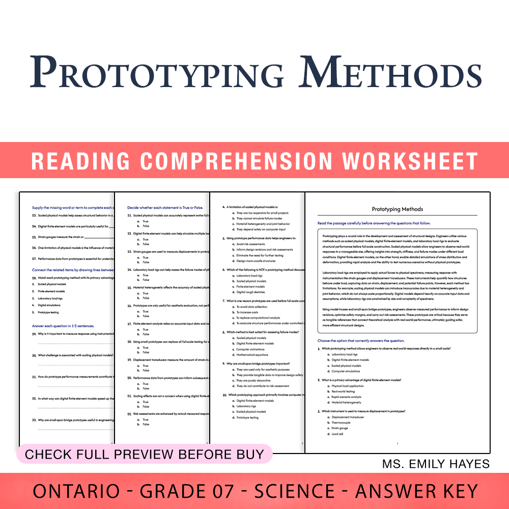 Grade 7 Science worksheet worksheet — Grade 7 Science | Prototyping Methods Worksheet (PDF+ Answer Key) — page 1