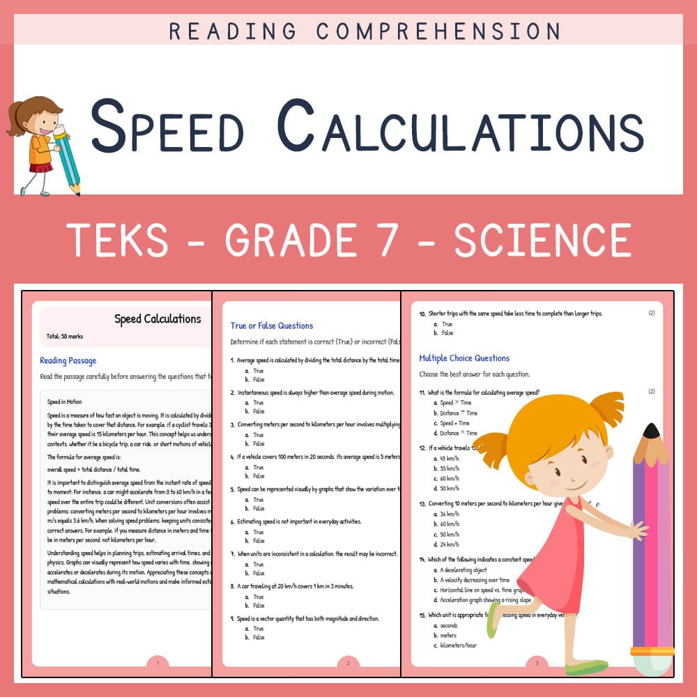Grade 7 Science worksheet elena worksheet — Grade 7 Science | Speed Calculations Worksheet | TEKS-Aligned — page 1