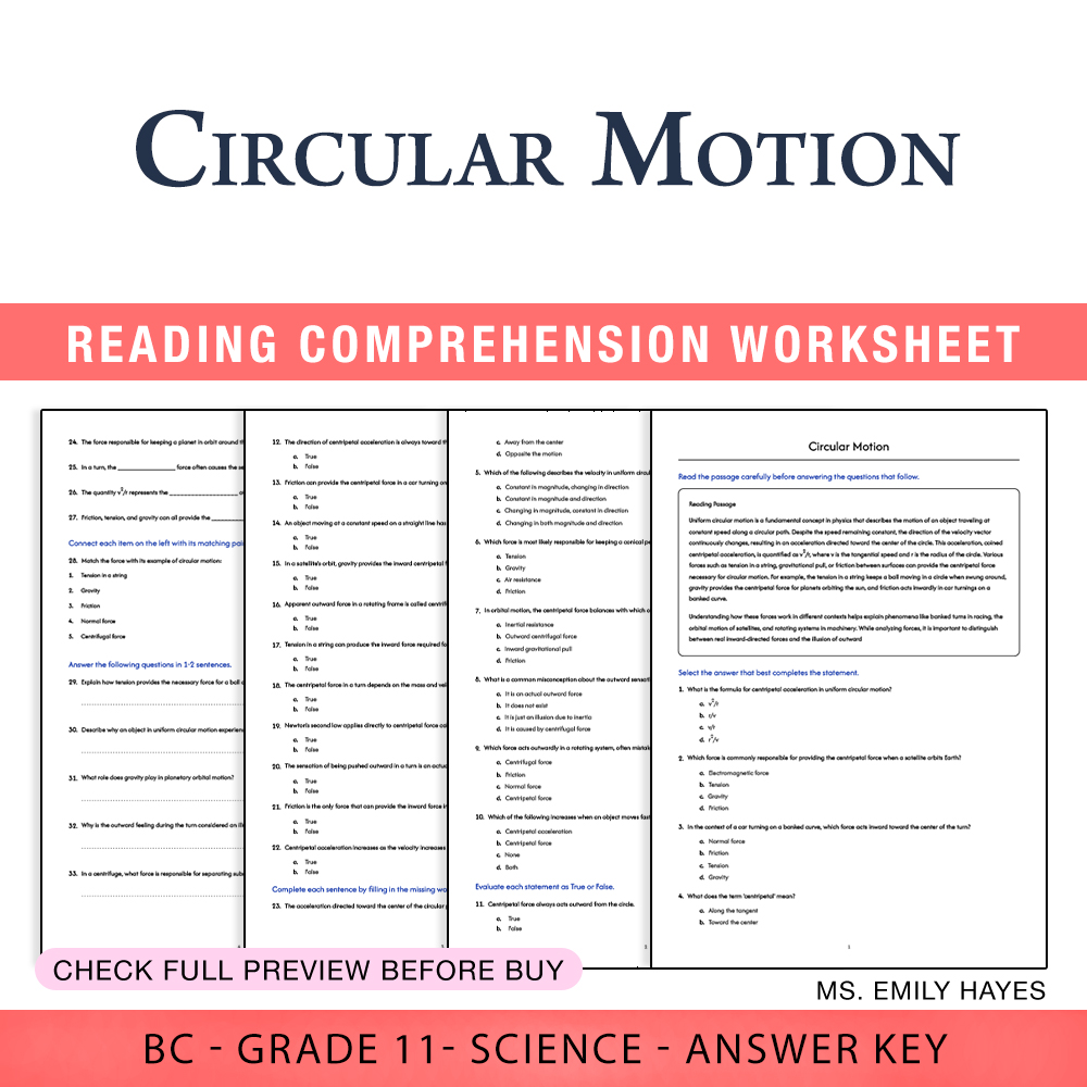 Grade 11 Science worksheet worksheet — 11th Grade Science | Circular Motion Worksheet (PDF + Answer Key) — page 1