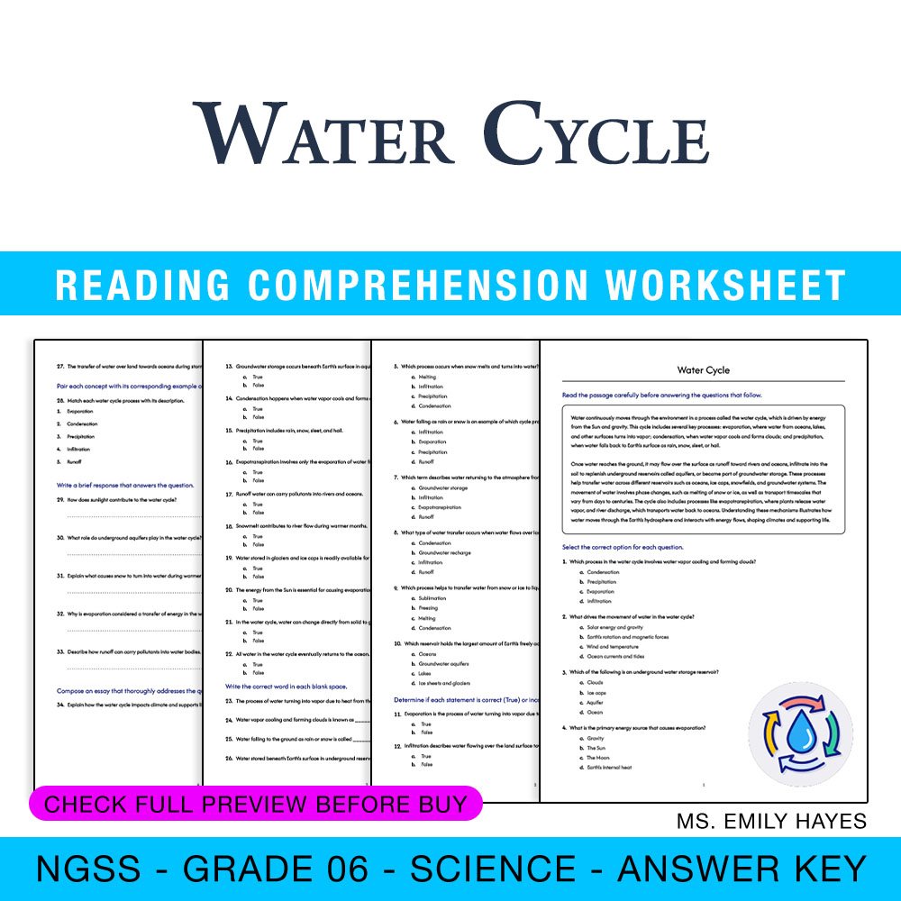 Grade 6 Science worksheet worksheet — 6th Grade Science | Water Cycle Worksheet (PDF + Answer Key) — page 1