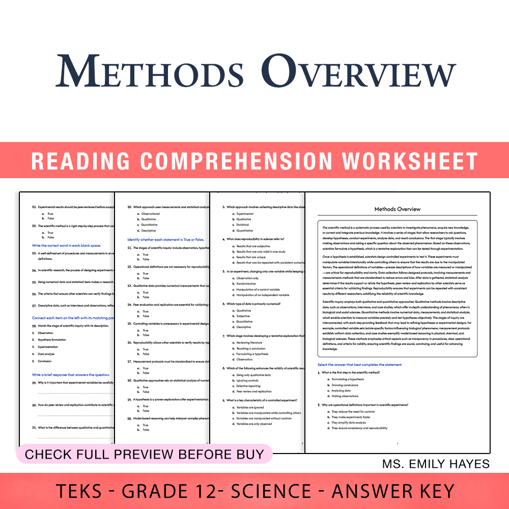 Grade 12 Science worksheet worksheet — Grade 12 Science | Methods Overview Worksheet (PDF+ Answer Key) — page 1