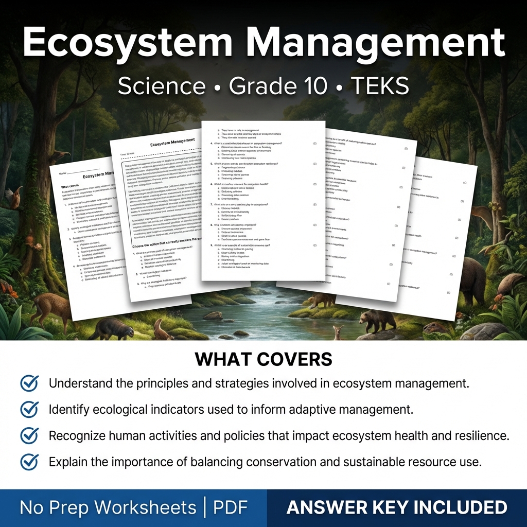 Ecosystem Management Worksheet with Answer Key | TEKS Grade 10 Science