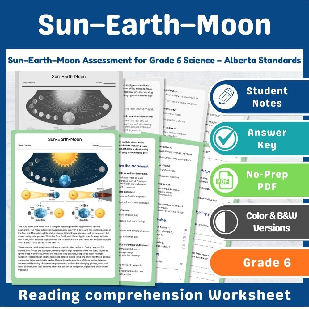 Grade 6 Science assessment worksheet — Sun–Earth–Moon Assessment for Grade 6 Science – Alberta Standards — page 1