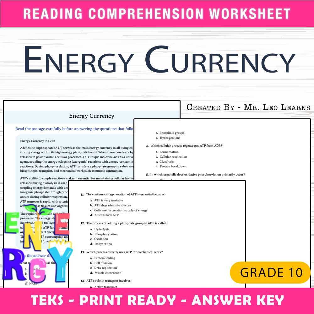 Grade 10 Science worksheet worksheet — Grade 10 Science – Energy Currency Worksheet for Mastering ATP — page 1