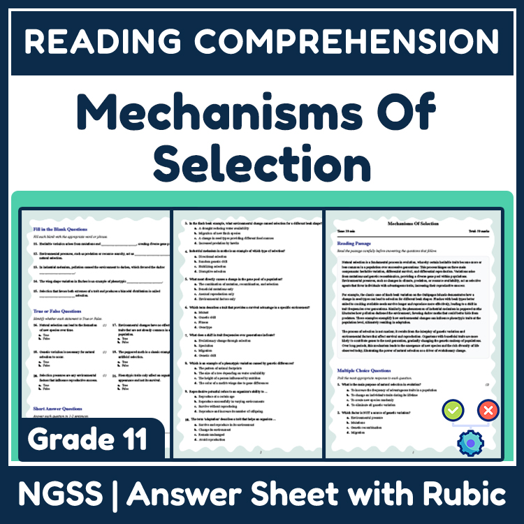 Grade 11 Science reading worksheets worksheet — Grade 11 Science | Mechanisms Of Selection Reading Worksheet & PDF Answer…