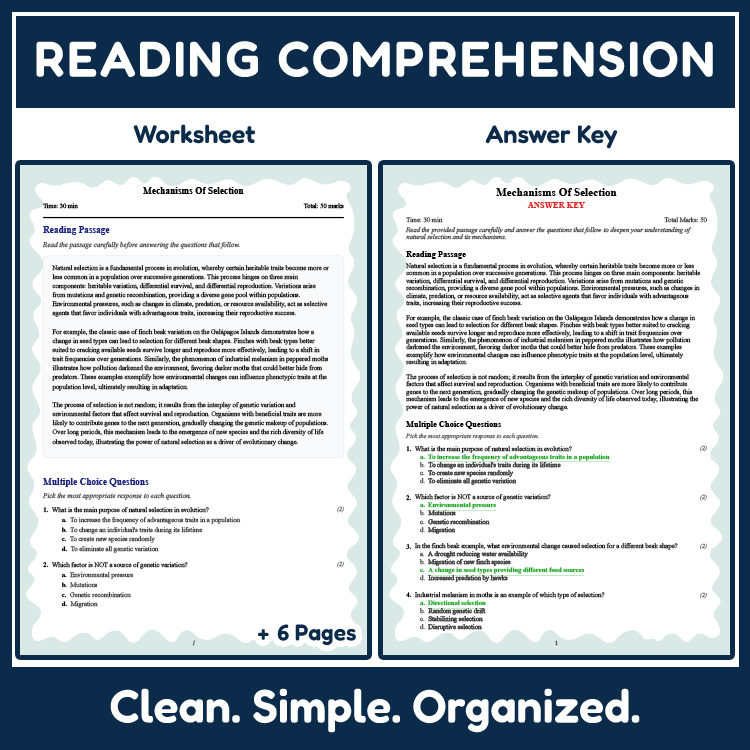 Grade 11 Science reading worksheets worksheet — Grade 11 Science | Mechanisms Of Selection Reading Worksheet & PDF Answer…
