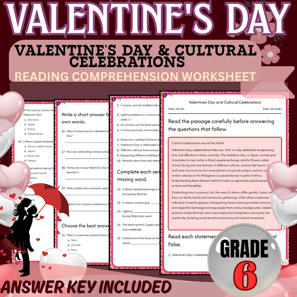 Grade 6 Valentine Day Cultural Celebrations Worksheet for Mastery|PDF+Answer Key