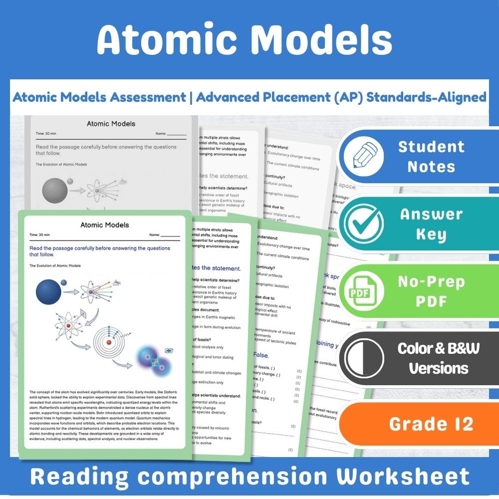 Grade 12 Science assessment worksheet — Atomic Models Assessment | Advanced Placement (AP) Standards-Aligned — page 1