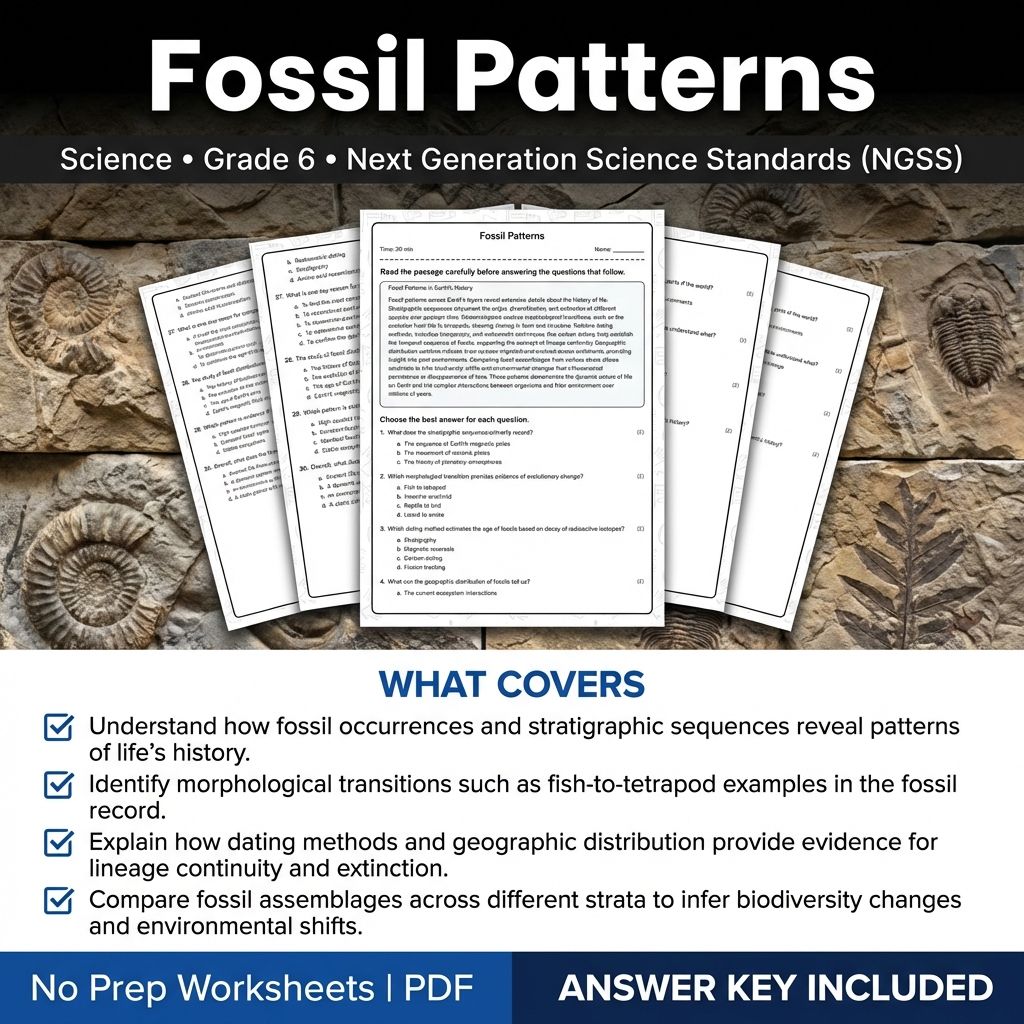 6th Grade Science | Fossil Patterns Worksheet & Answer Key (Printable PDF)