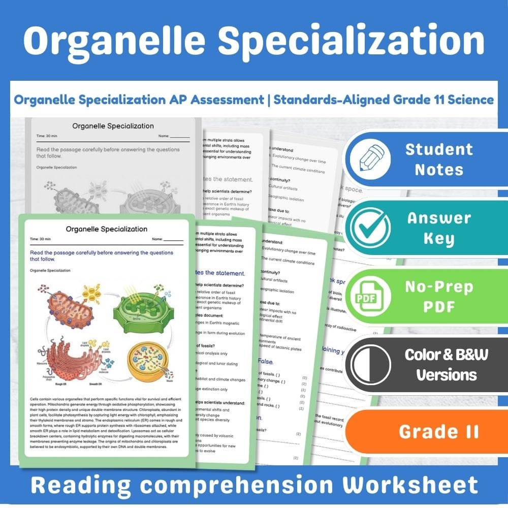 Grade 11 Science assessment worksheet — Organelle Specialization AP Assessment | Standards-Aligned Grade 11 Science — page 1