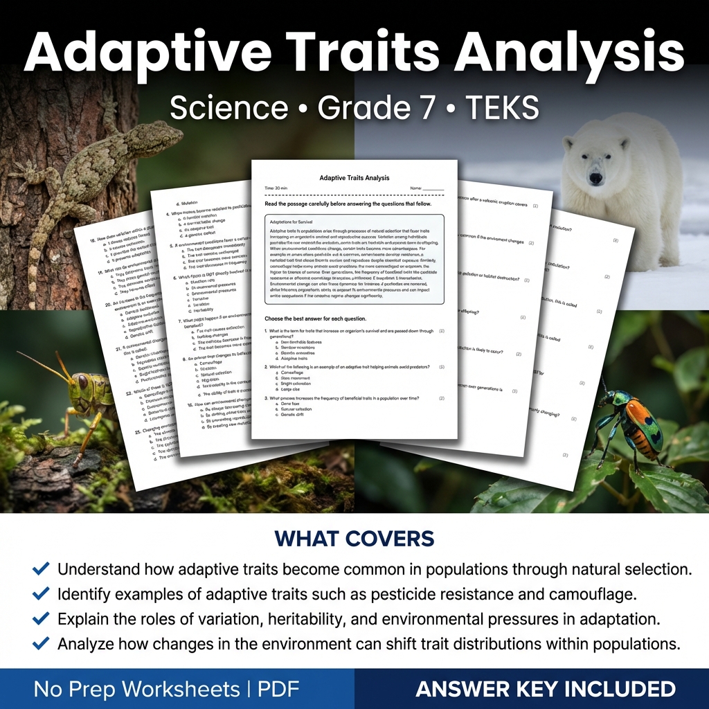 Grade 7 Science worksheet — Grade 7 Science Worksheet on Adaptive Traits Analysis | TEKS Aligned