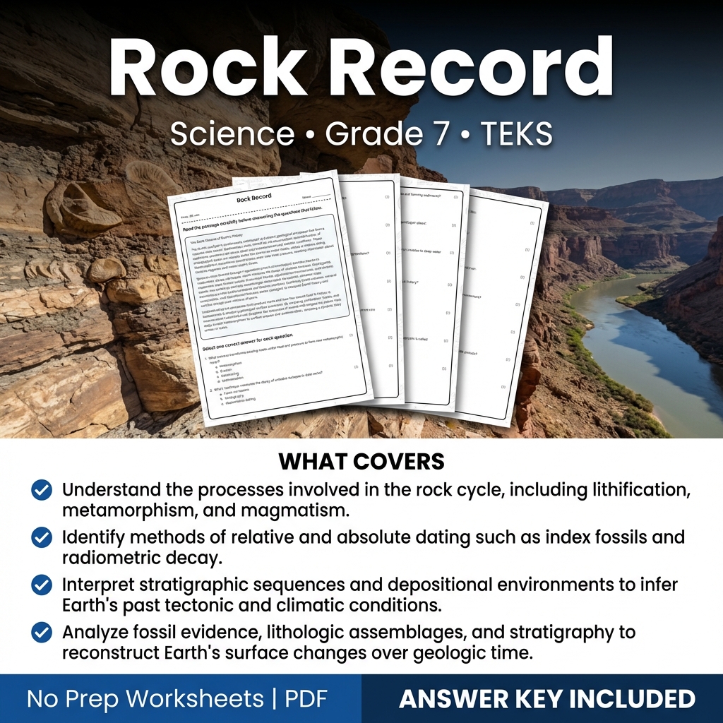 Grade 7 Science worksheet — Grade 7 Science Worksheet | Rock Record TEKS Practice & Assessment