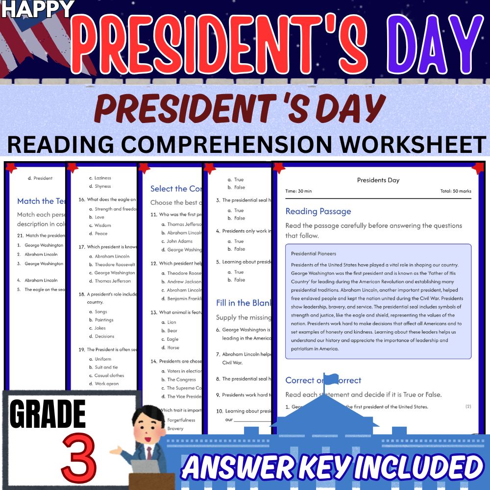 Grade 3 Seasonal Presidents Day Worksheet Bundle | Social Studies & Leadership — included worksheet 2