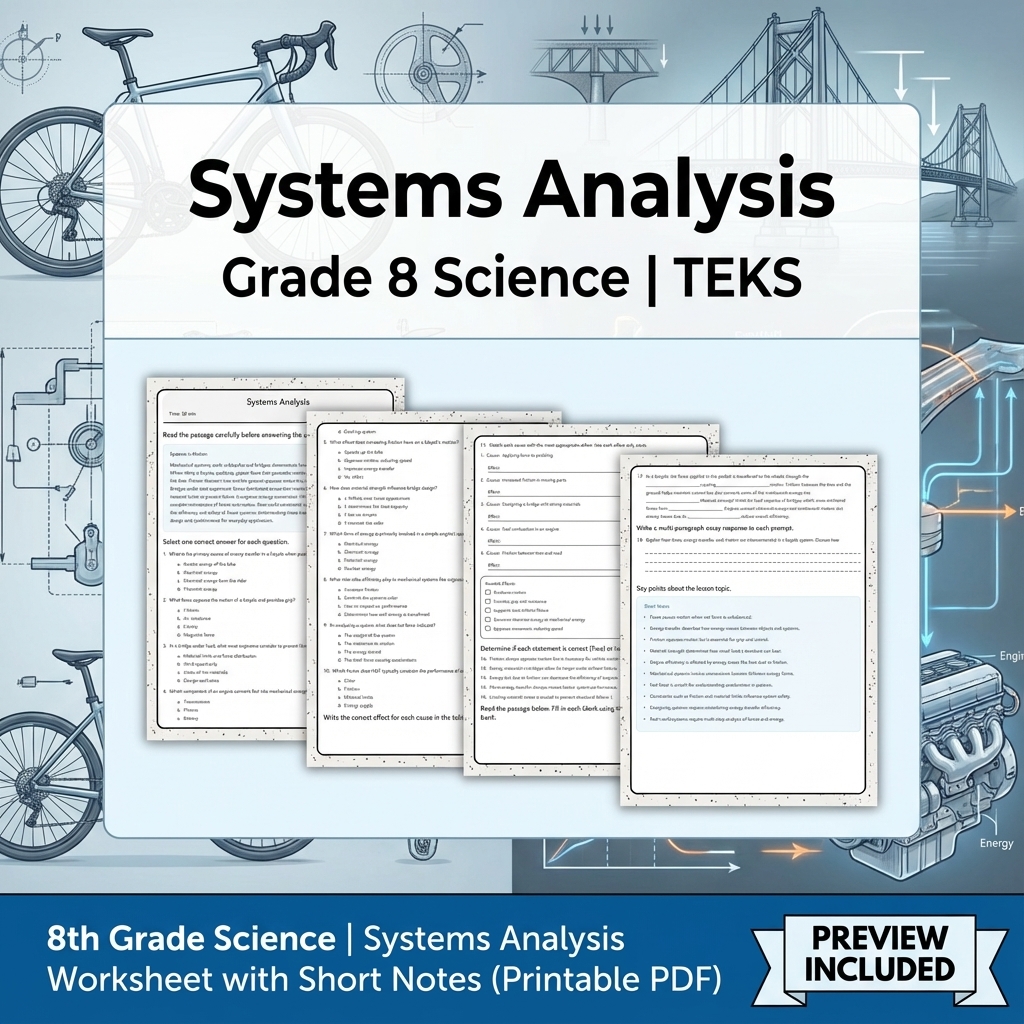 8th Grade Science | Systems Analysis Worksheet with Short Notes (Printable PDF)