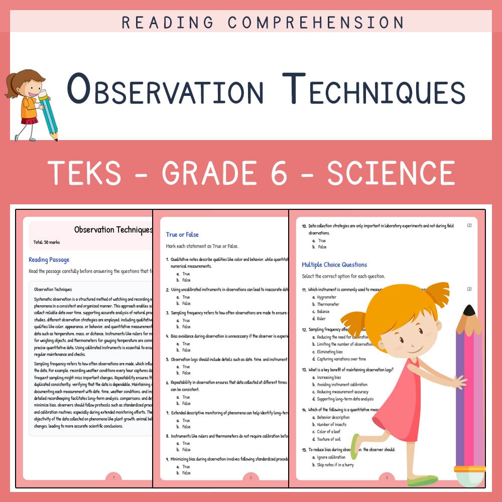 Grade 6 Science worksheet elena worksheet — Grade 6 Science | Observation Techniques Worksheet | TEKS Alligned — page 1