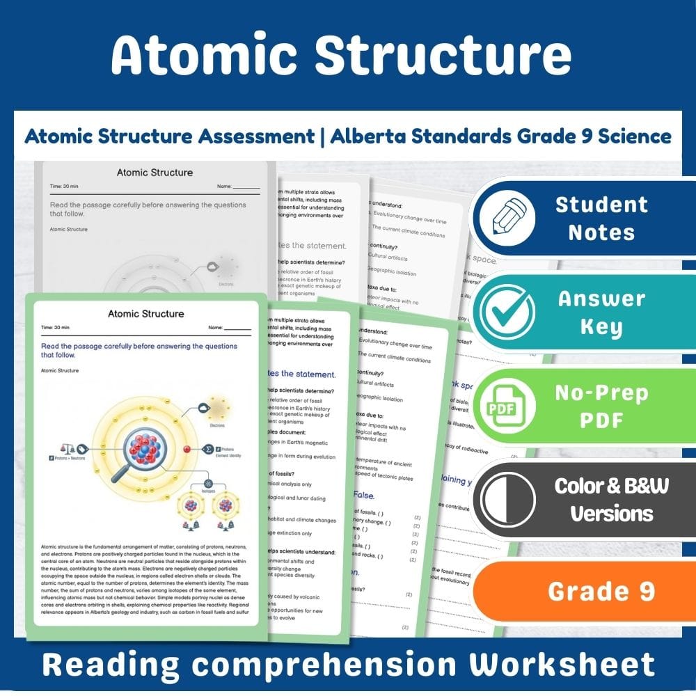 Grade 9 Science assessment worksheet — Atomic Structure Assessment | Alberta Standards Grade 9 Science — page 1