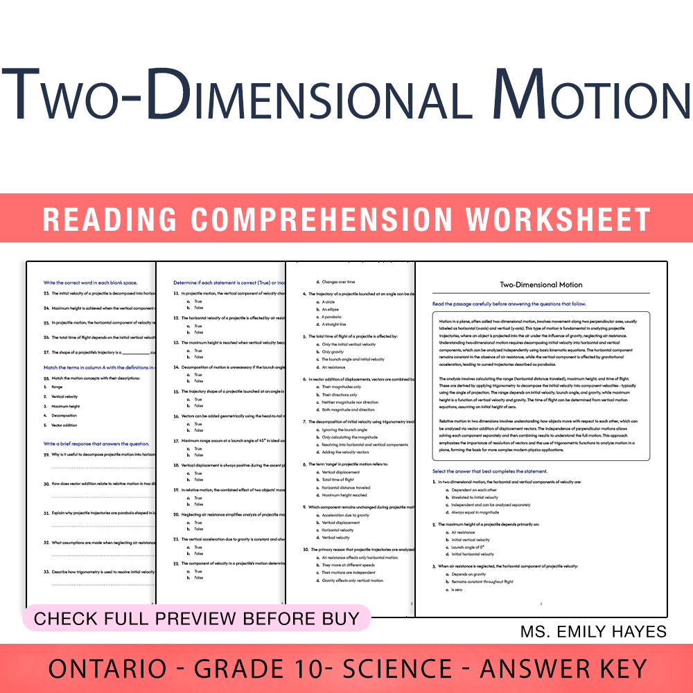 Grade 10 Science worksheet worksheet — Grade 10 Science | Two-Dimensional Motion Worksheet (PDF + Answer Key) — page 1