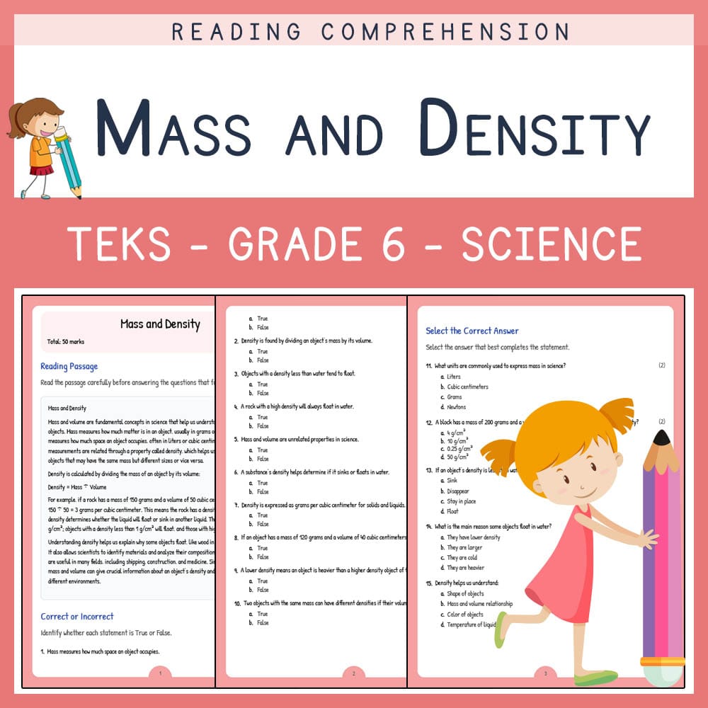 Grade 6 Science worksheet elena worksheet — Grade 6 Science | Mass and Density Worksheet | TEKS Aligned — page 1