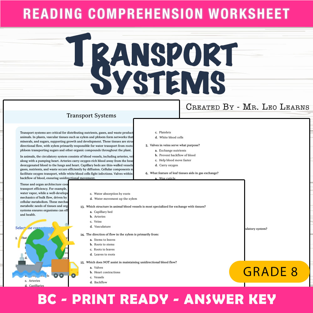 Grade 8 Science worksheet mcq paper worksheet — Grade 8 Science — Worksheet MCQ Paper for Transport Systems — page 1