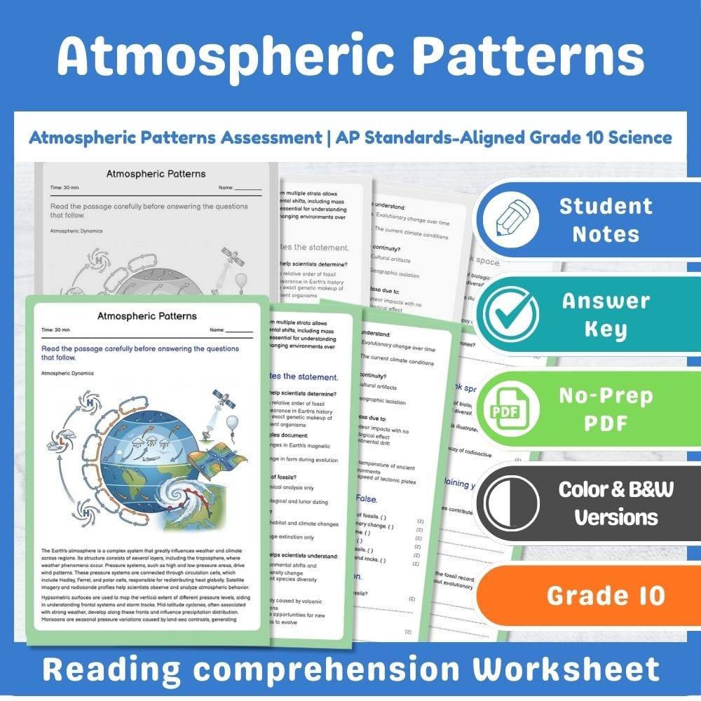 Grade 10 Science assessment worksheet — Atmospheric Patterns Assessment for Grade 10 Science | AP Standards — page 1
