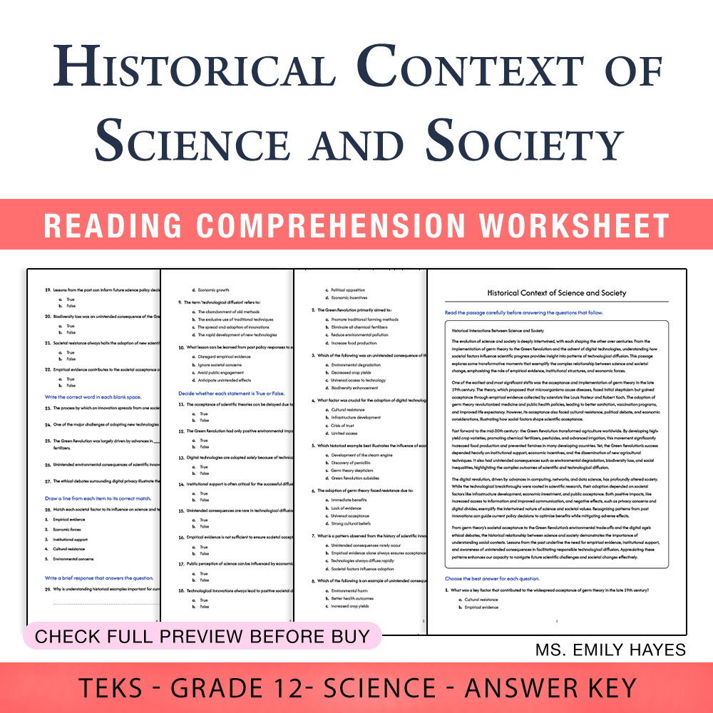 Grade 12 Science worksheet worksheet — 12th Grade Science | Historical Context of Science and Society(PDF + Answer Key) —…