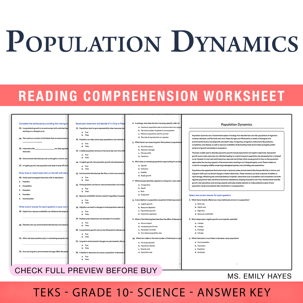 Grade 10 Science worksheet worksheet — 10th Grade Science | Population Dynamics Worksheet (PDF+ Answer Key) — page 1
