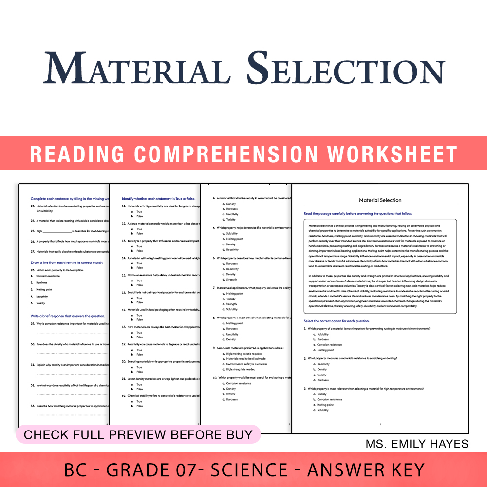 Grade 7 Science worksheet worksheet — Grade 7 Science | Material Selection Worksheet (PDF+ Answer Key) — page 1