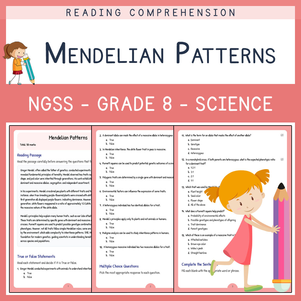 Grade 8 Science worksheet worksheet — Grade 8 Science | Mendelian Patterns Worksheet (Answer Key & Rubric) — page 1
