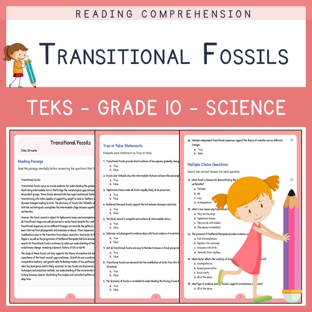Grade 10 Science worksheet elena worksheet — Grade 10 Science | Transitional Fossils Worksheet | TEKS-Aligned — page 1