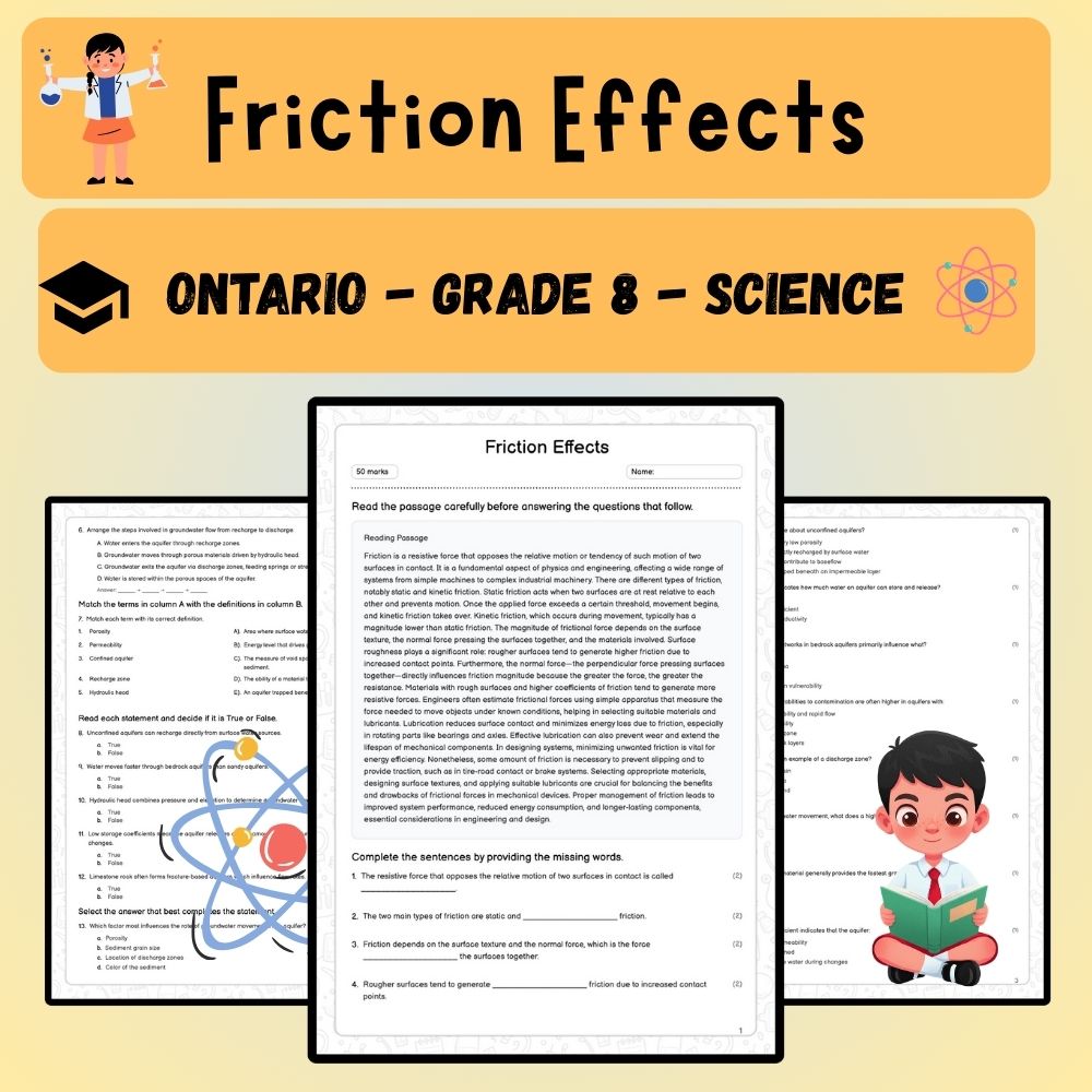 Grade 8 Science worksheet worksheet — Grade 8 Science | Friction Effects Worksheet (PDF ) – Ontario Standards — page 1