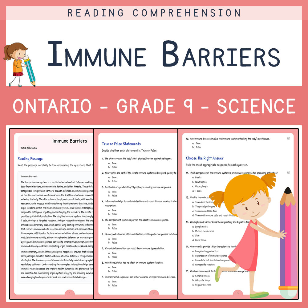 Grade 9 Science worksheet elena worksheet — Grade 9 Science Assessment | Immune Barriers Worksheet Elena | Ontario — page 1